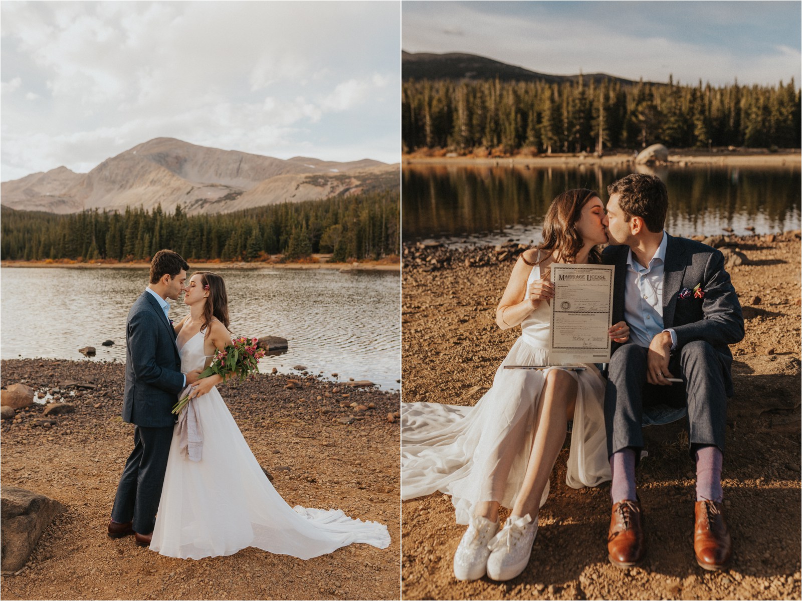 Bride and groom having their first kiss as a married couple, and signing their marriage license for their elopement in Colorado.