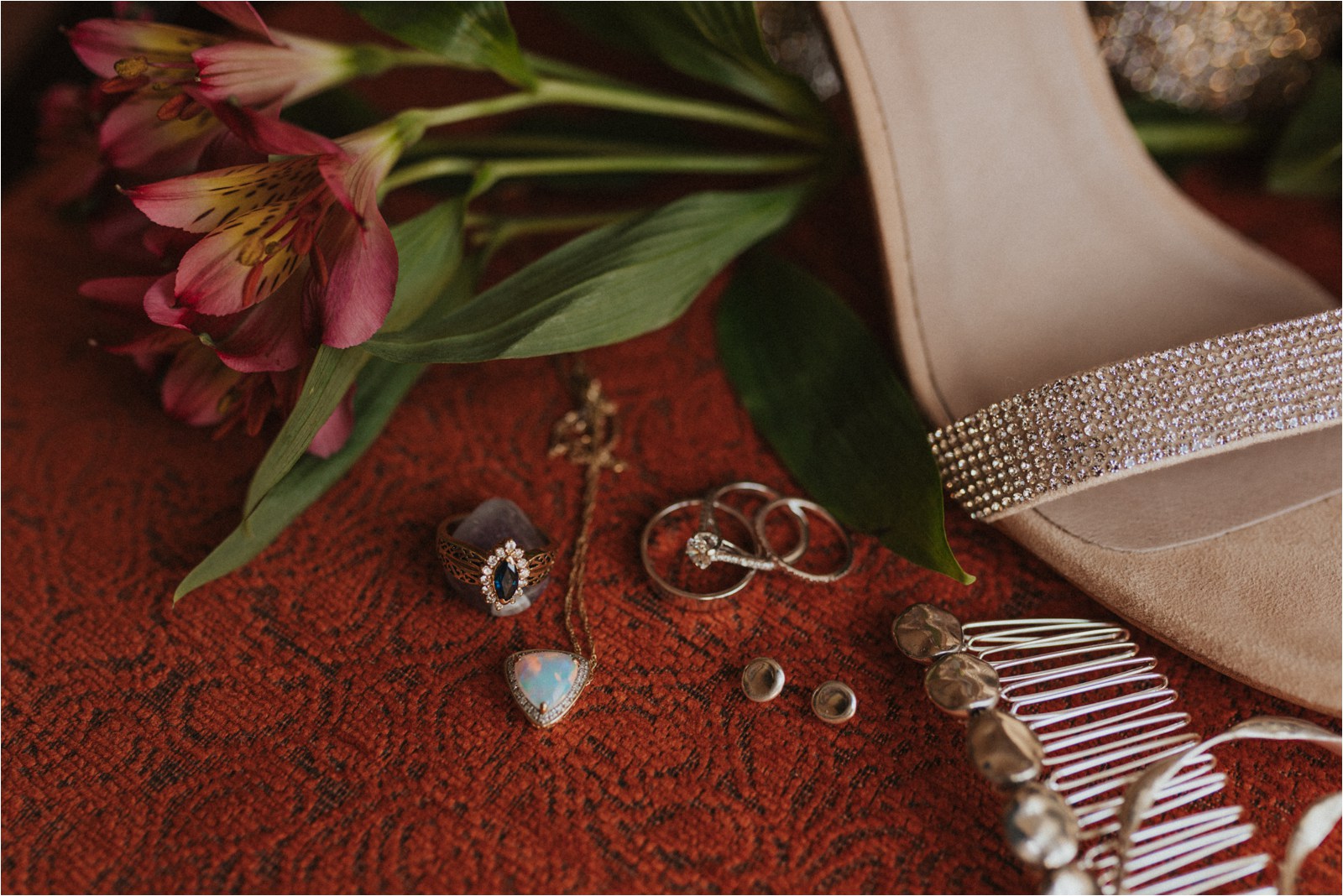 The bride's details, such as jewelry, family heirlooms, and accessories for an elopement in Colorado