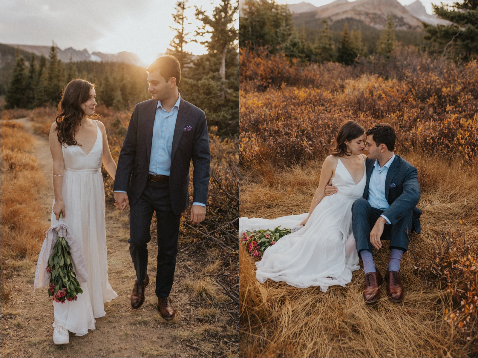 portraits of the married couple at sunset, walking and sitting among fall foliage for their elopement in Colorado.