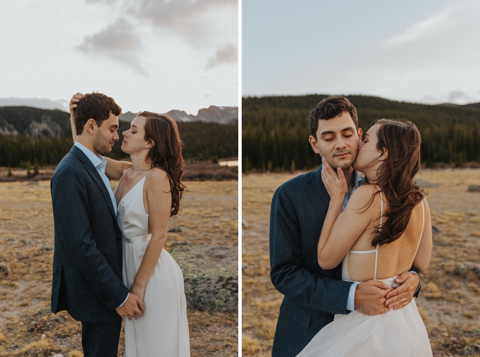 Candid portraits of an emotional bride holding her groom's face and kissing his cheek during their elopement in Colorado.