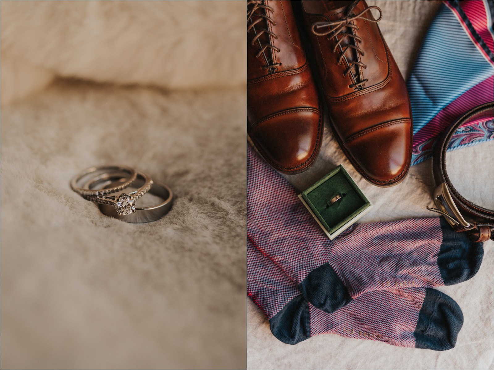A close-up image of the elopement couple's rings, as well as a flat lay of the groom's jewelry and accessories.