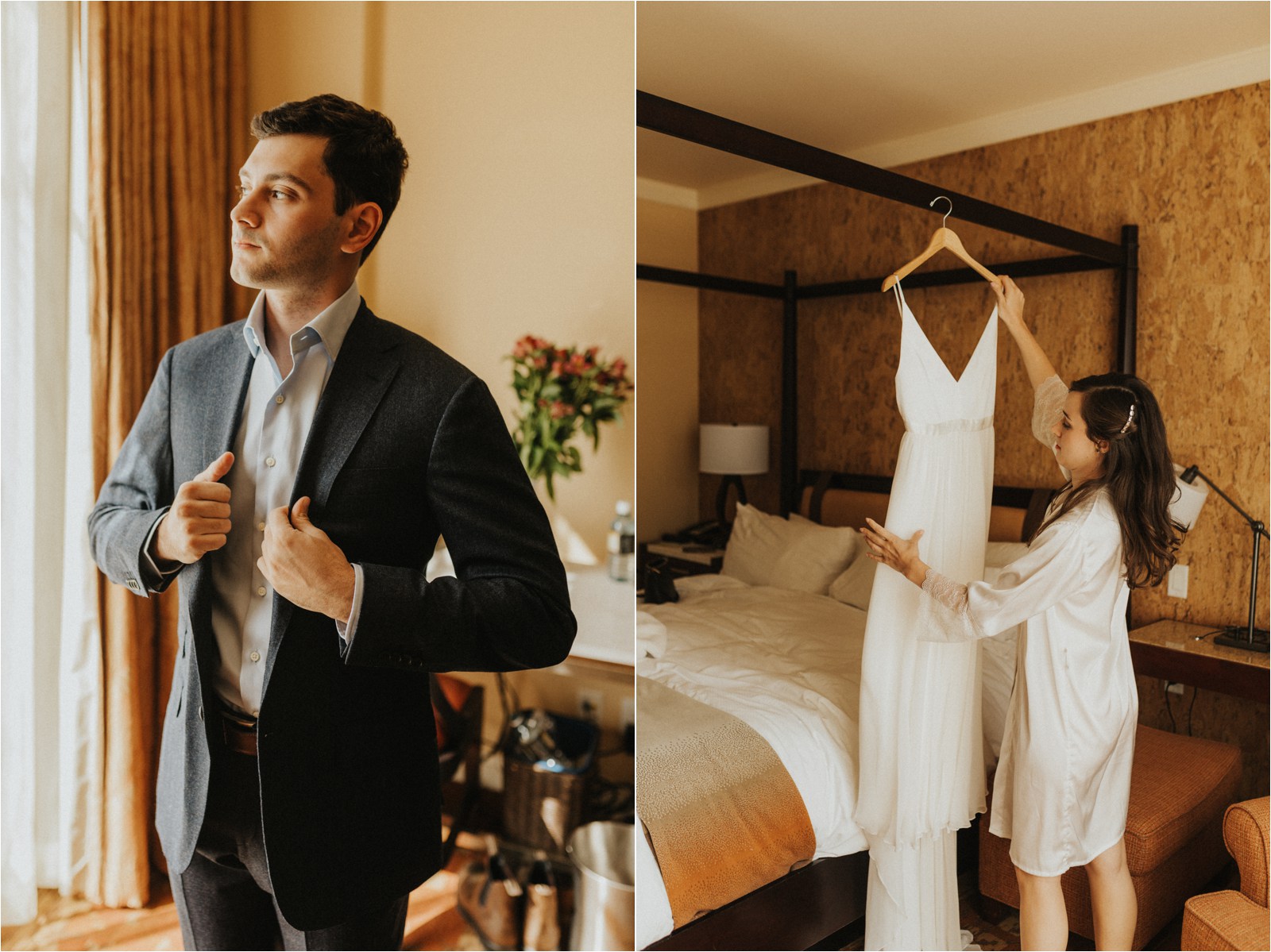 Harry, the groom, in the hotel room getting his suit on while waiting for his bride. Erin, the bride, getting her dress off the hanger to get dressed.