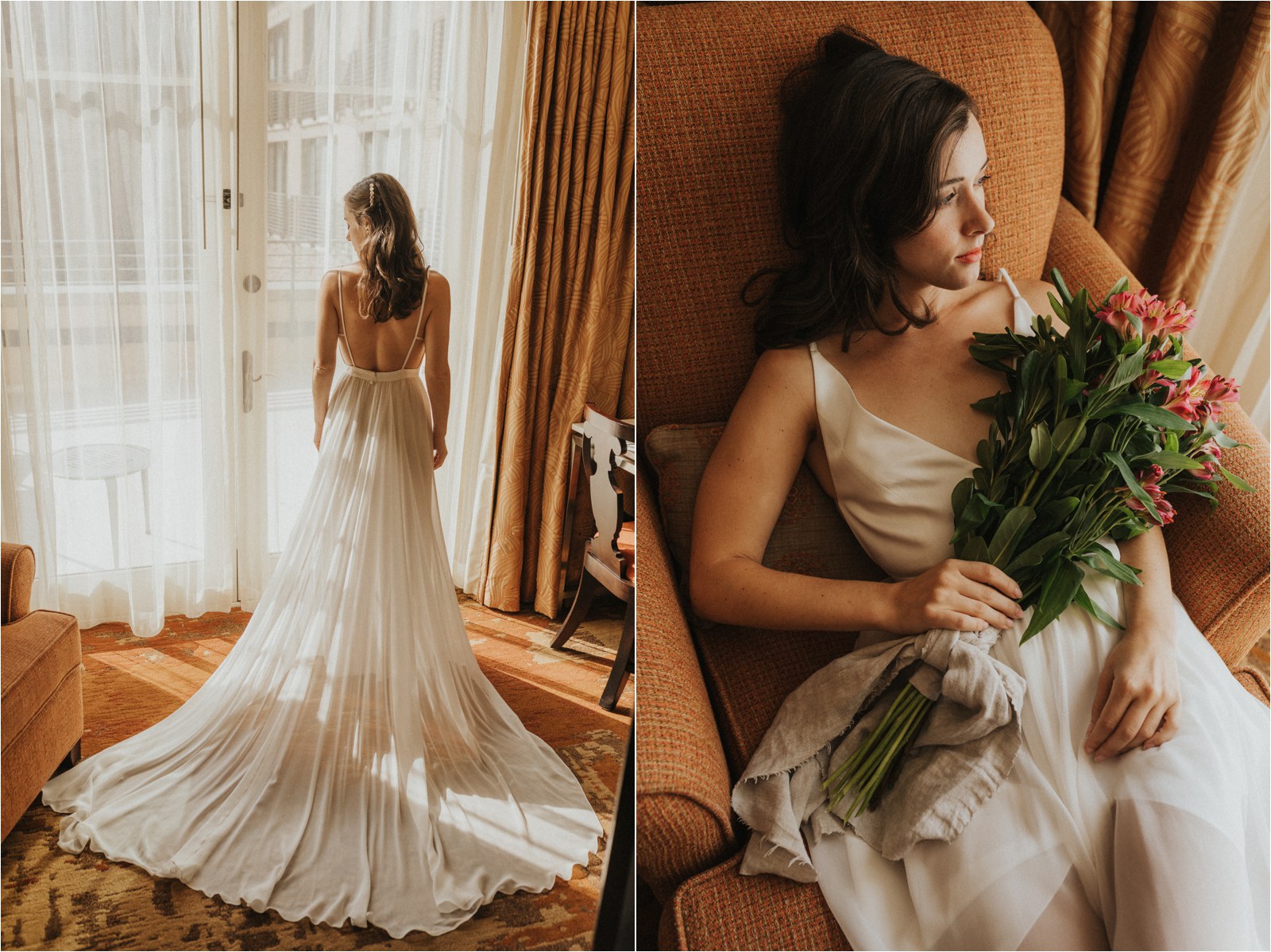 Portraits of Erin, the bride, in the hotel room at the St. Julien Hotel and Spa, ready for her elopement in Colorado.