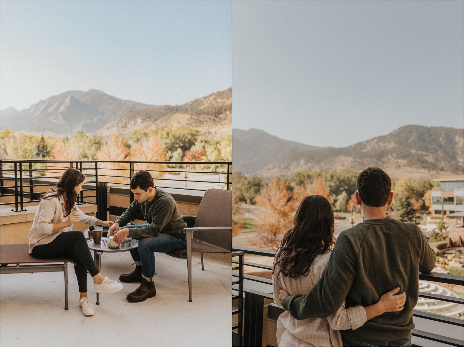 The elopement couple start their morning on their hotel balcony, drinking tea and eating breakfast together while admiring the Colorado mountains in the distance.